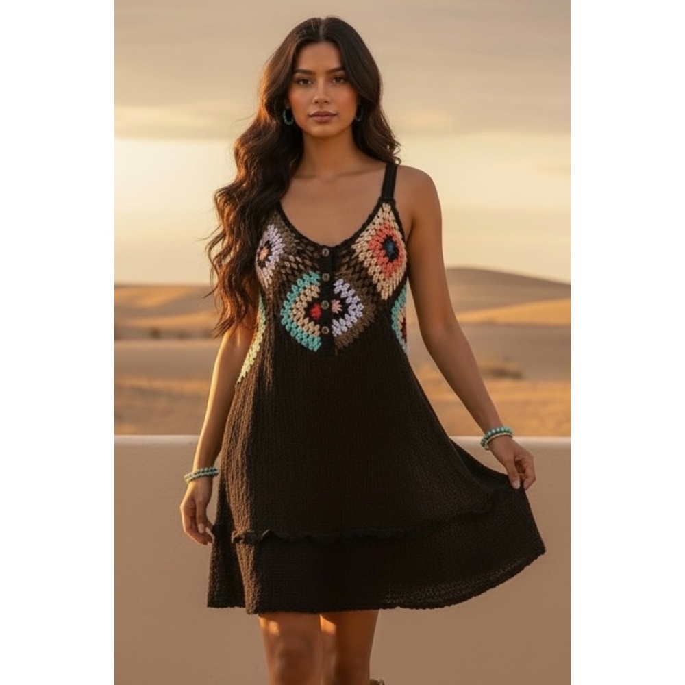 POL Black V Neck Sleeveless Crochet Dress | Boho Western Ruffle Hem Mini - Picture 7 of 7